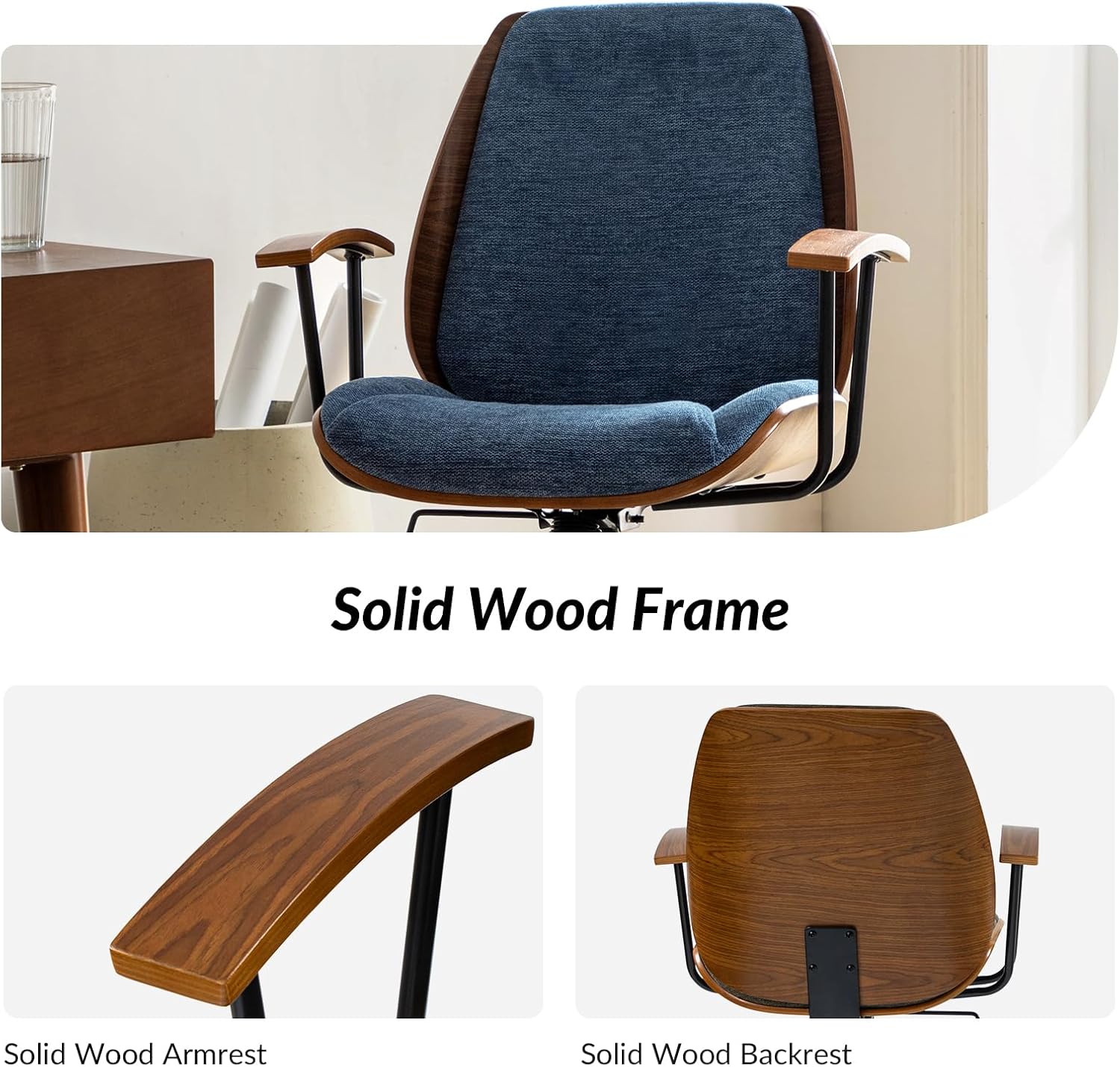 HULALA HOME Solid Wood Office Chair with Rocking Function, Comfy Fabric Desk Chair with Bent Wood and Metal Base, Height Adjustable Swivel Computer Task Chair, Navy