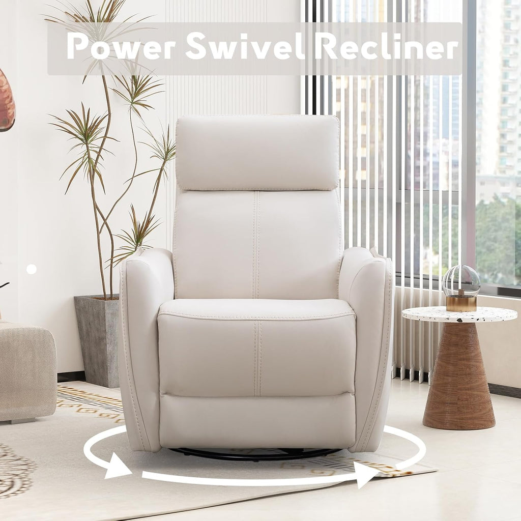Bonzy Home Power Swivel Rocker Recliner Chair with USB Port, Wide Seat, Head & Lumbar Support, Upholstered Glider Chair for Living Room, Nursery, Bedroom, Cream White