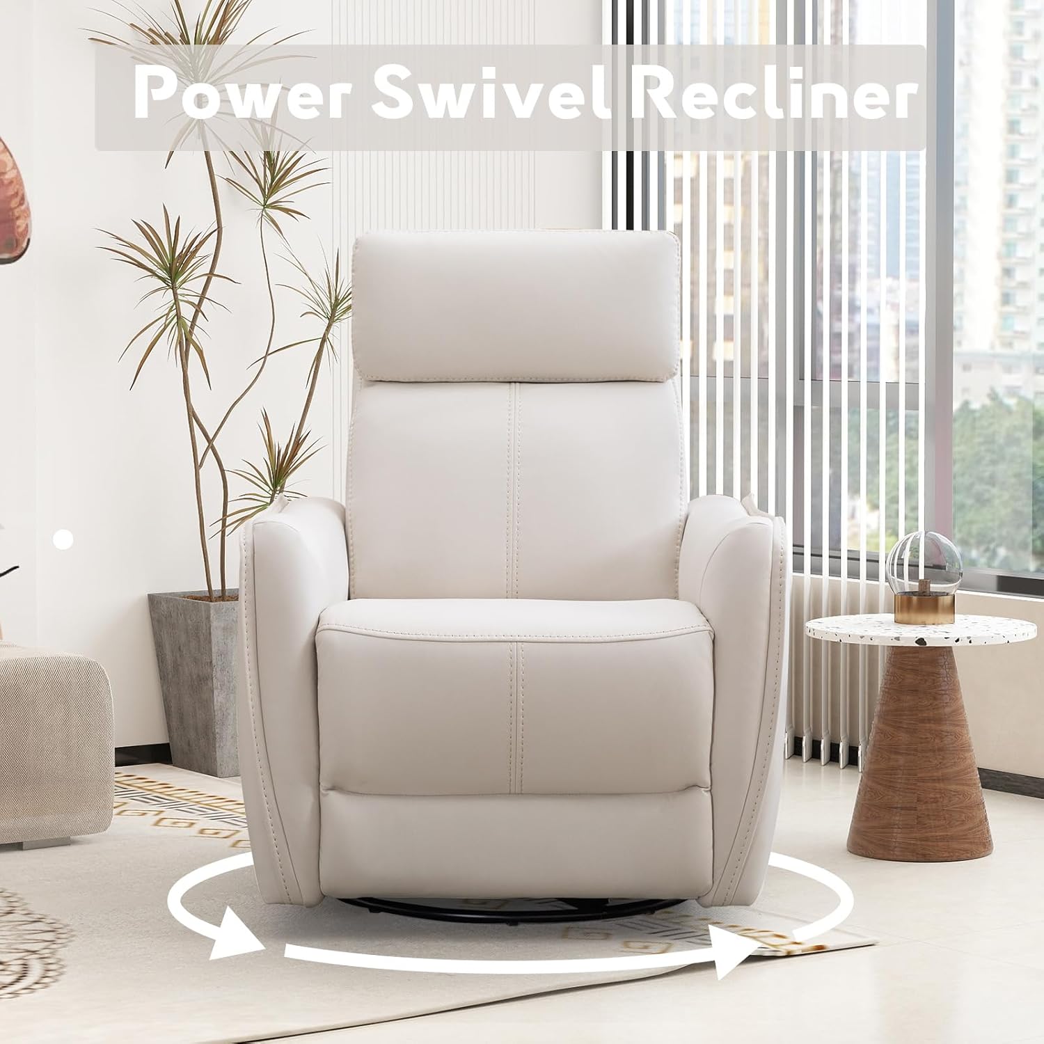 Bonzy Home Power Swivel Rocker Recliner Chair with USB Port, Wide Seat, Head & Lumbar Support, Upholstered Glider Chair for Living Room, Nursery, Bedroom, Cream White