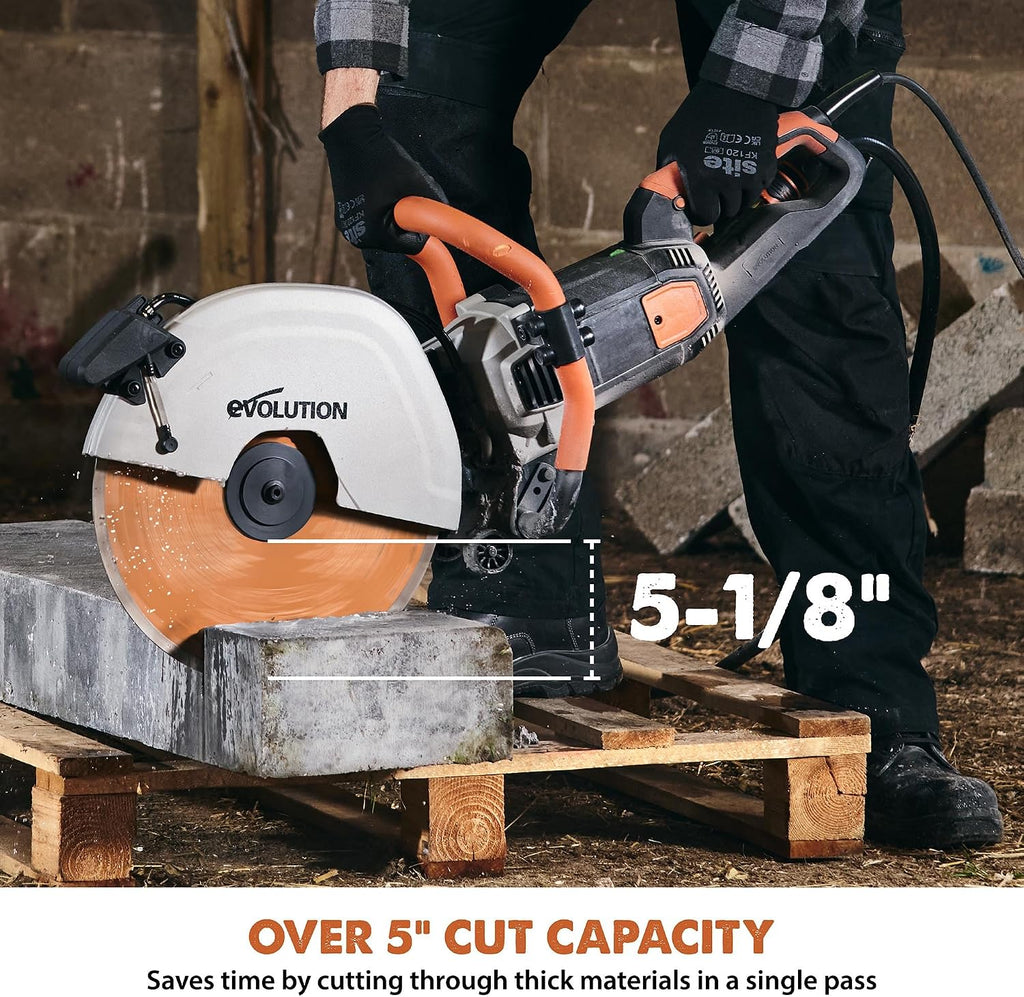 Evolution R14DCT 14' Electric Concrete Saw | High-Torque 20A Motor | 5-1/8' Cut Depth | Auto ON/OFF Dust Suppression | No Gas, Low Maintenance | 14' Diamond Blade | Heavy-Duty | 20A Plug
