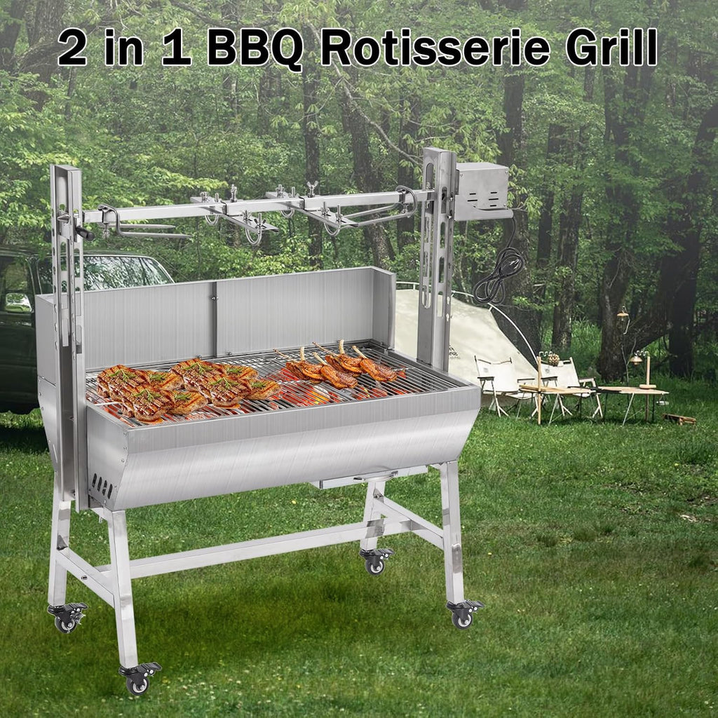 25W Stainless steel pig roaster rotisserie grill, 34.6-inch rated 132-pound barbecue grill suitable for outdoor camping kitchens