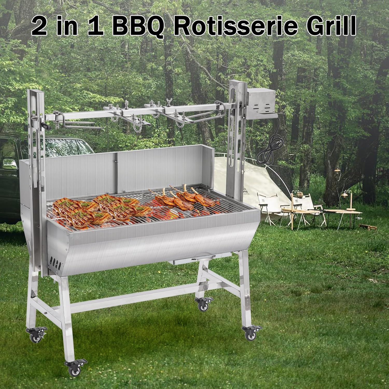 25W Stainless steel pig roaster rotisserie grill, 34.6-inch rated 132-pound barbecue grill suitable for outdoor camping kitchens