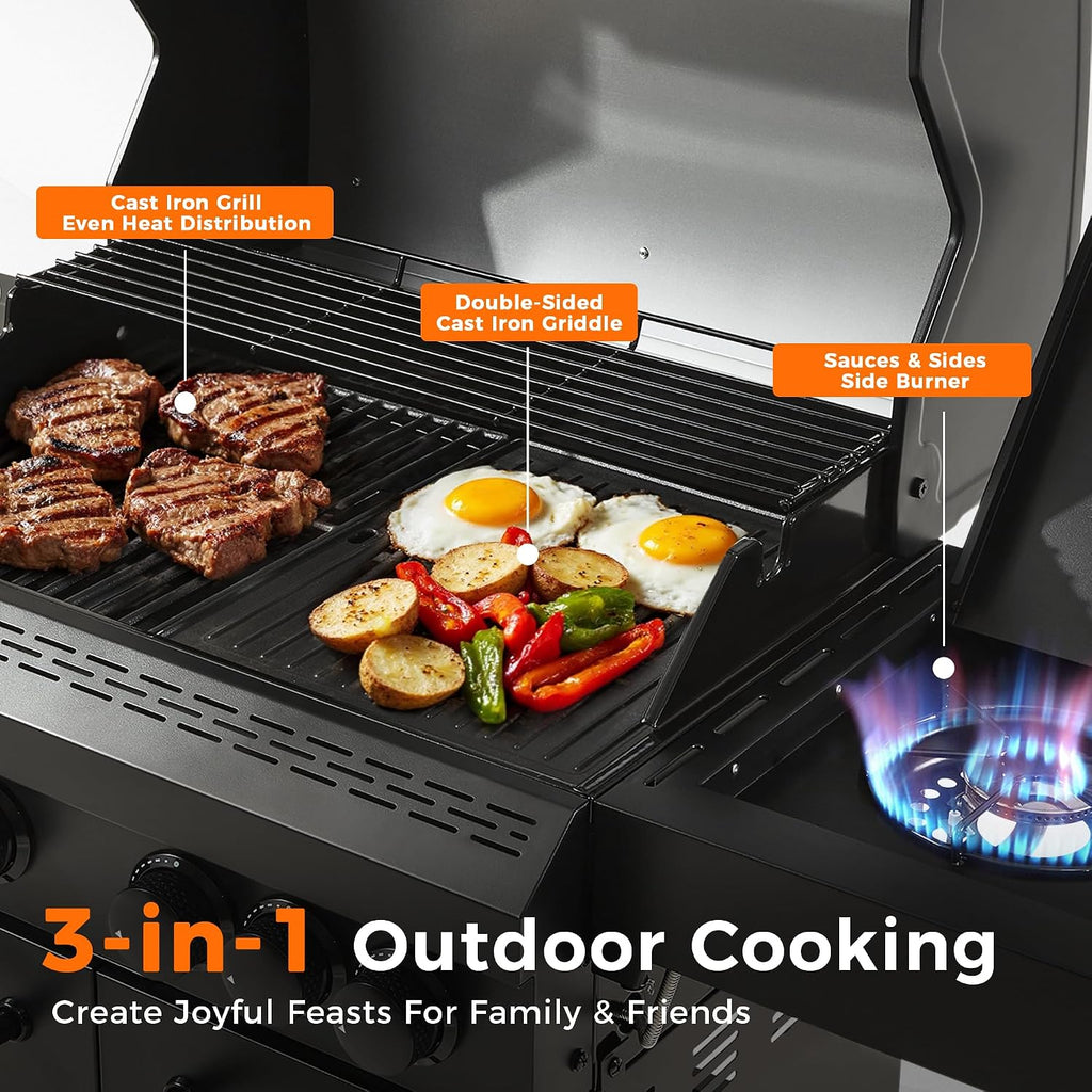 4 Burner Propane Gas Grill with 1 Side Burner, 50,000 BTU Outdoor BBQ Grill, Heavy-Duty Steel Construction, Cast Iron Cooking Grates & Griddle, Backyard Patio Barbecue
