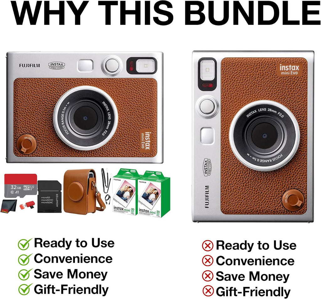 Fujifilm Instax Mini EVO Hybrid Instant Camera (Brown) Bundle with Instax-Mini Twin Pack Instant-Film 40 Sheets + 32GB Memory Card + Vintage Brown Mini-Evo Camera Case + Cleaning Cloth