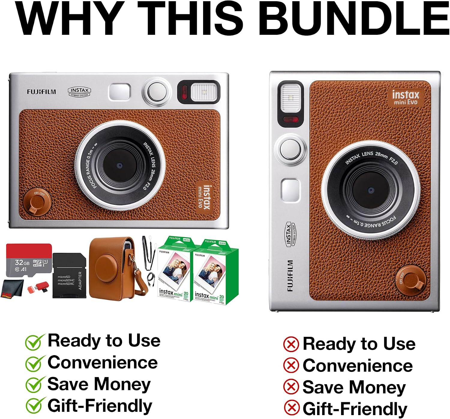 Fujifilm Instax Mini EVO Hybrid Instant Camera (Brown) Bundle with Instax-Mini Twin Pack Instant-Film 40 Sheets + 32GB Memory Card + Vintage Brown Mini-Evo Camera Case + Cleaning Cloth