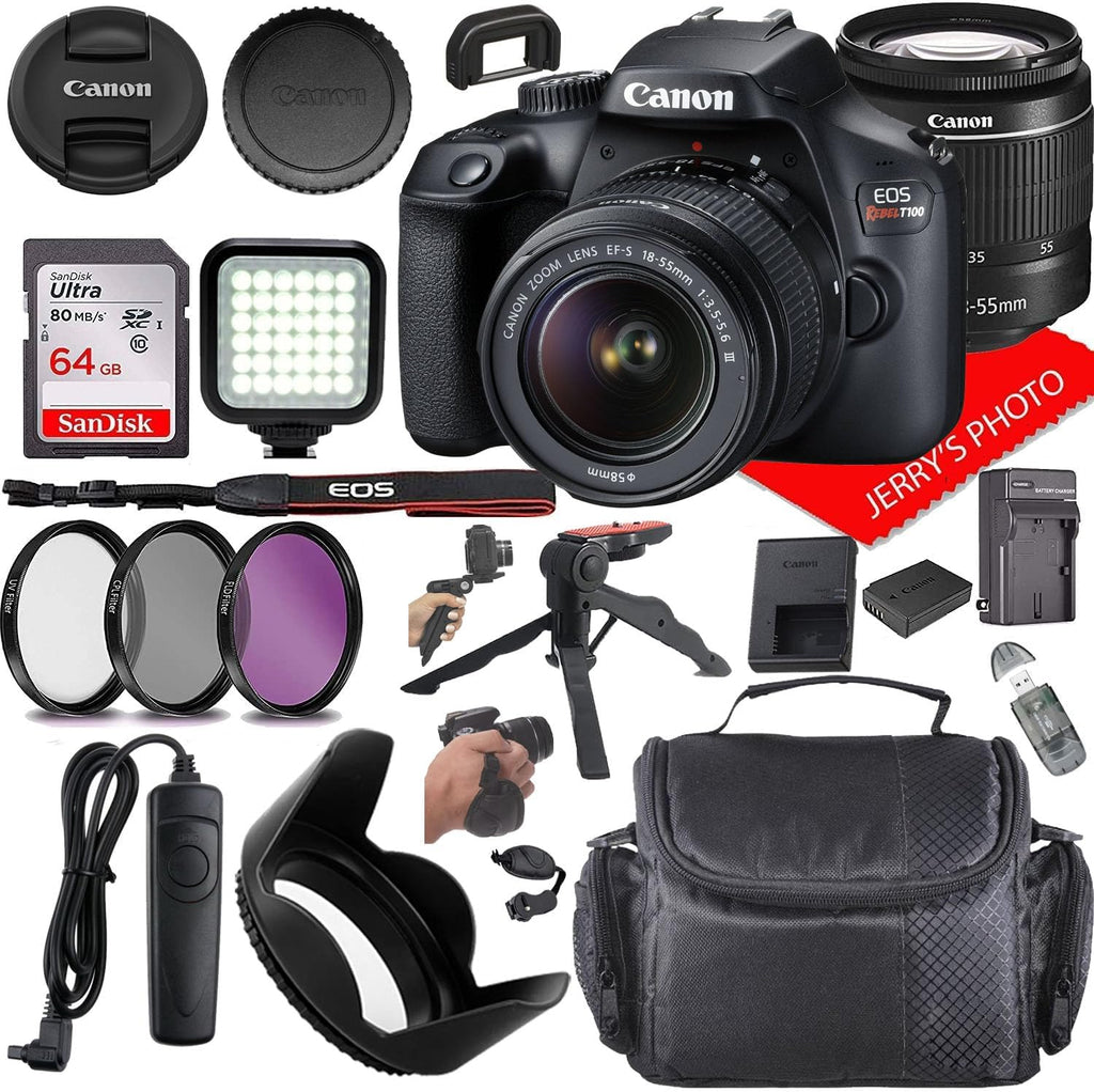 Canon EOS Rebel T100 DSLR Camera w/Canon EF-S 18-55mm F/3.5-5.6 DC III Zoom Lens + Case + 64GB Memory (19pc Bundle) (Renewed)