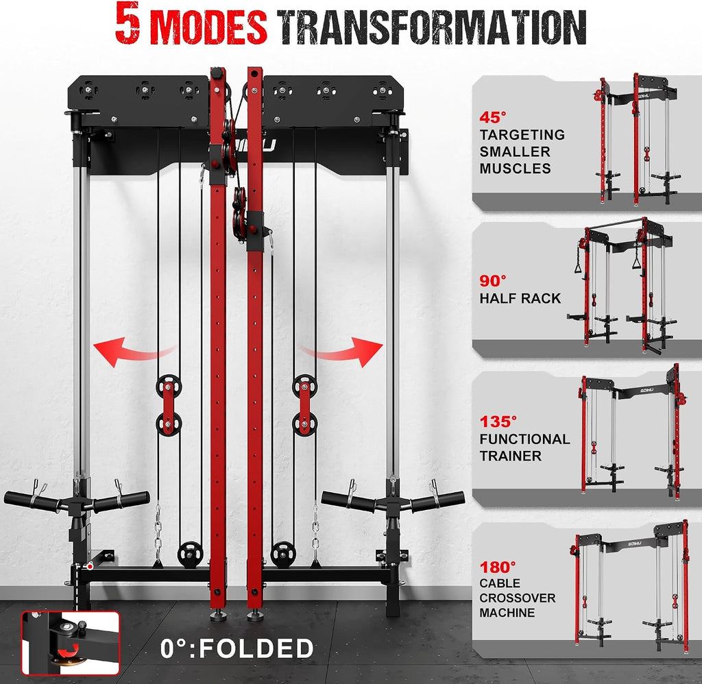 WM3-V4 Folding Squat Rack, Wall Mounted Power Rack with Dual Independent Pulley System, Functional Trainer with 5 Adjustable Function Modes for Space Saving