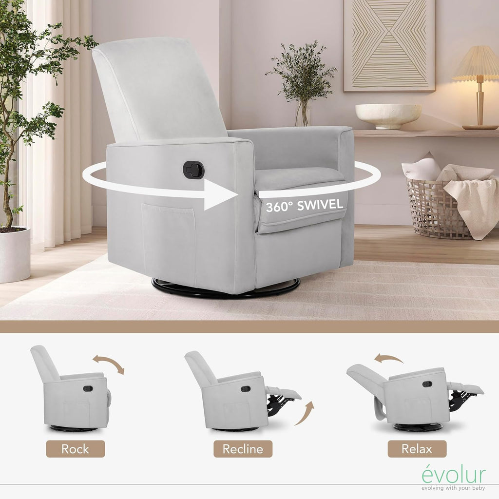 Evolur Raleigh Upholstered Manual Glider Recliner– Rocking & 360° Swivel with Smooth Glide – Greenguard Gold & FSC Certified – Modern Nursery and Living Room Chair in Grey