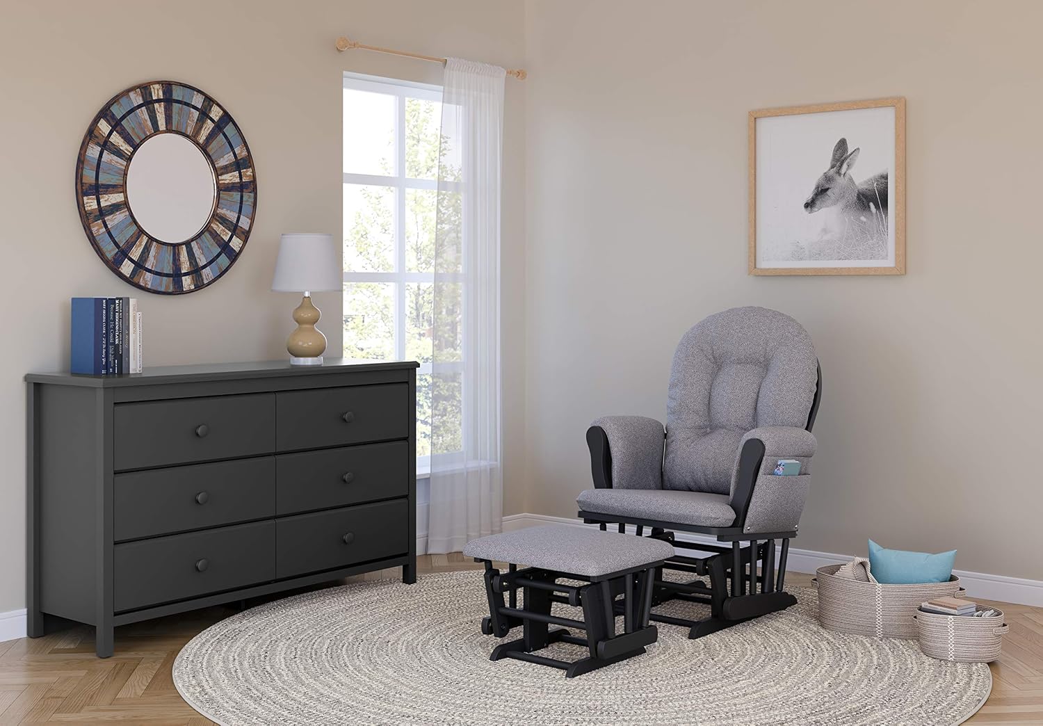 Storkcraft Premium Hoop Glider & Ottoman (Gray/Gray Swirl) — GREENGUARD Gold Certified Nursery Glider, Solid Wood Craftsmanship, Smooth-Gliding Nursery Chair and Ottoman, Award-Winning