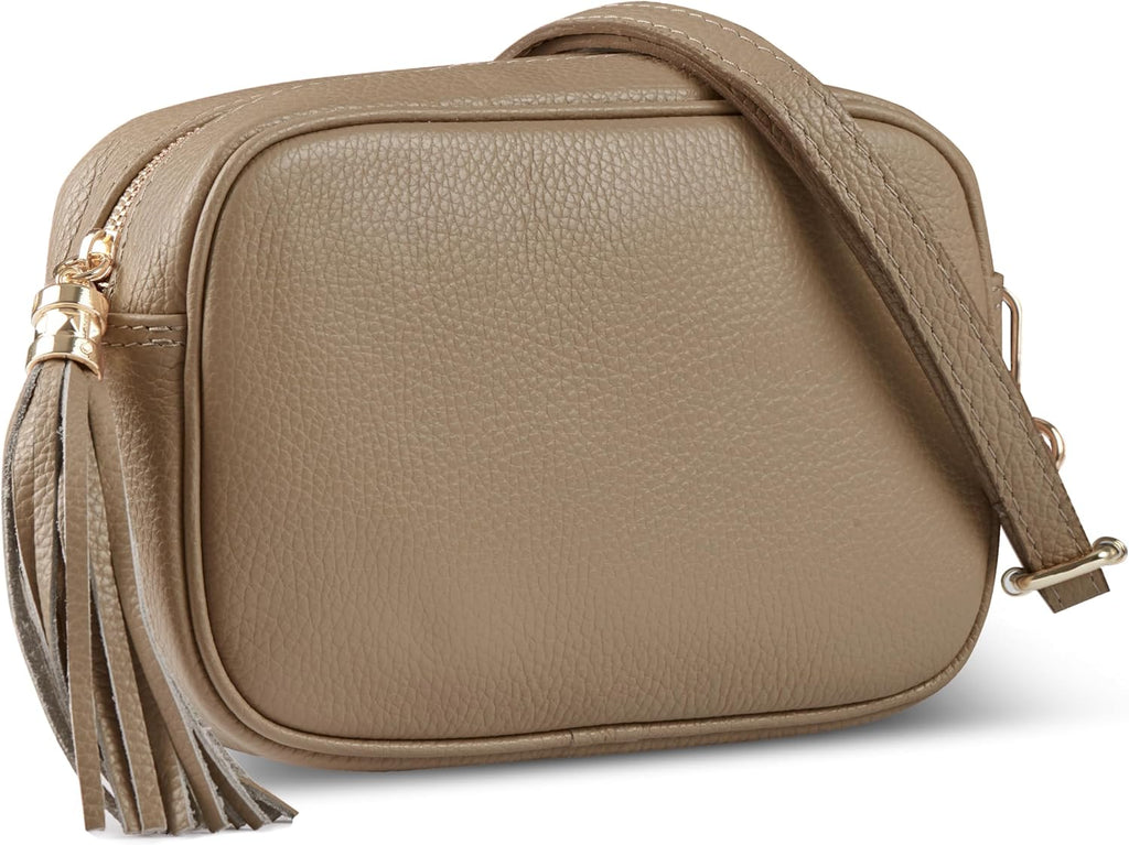 Italian Calf Leather Crossbody Bag for Women with Tassel Zipper | Small Camera Purse Shoulder Handbag Pocketbook