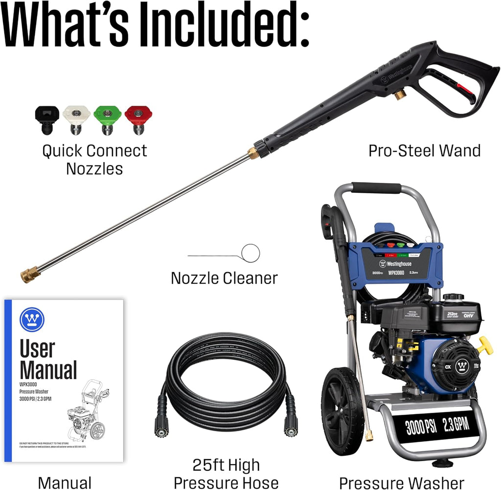 Westinghouse WPX3000 Gas Pressure Washer, 3000 PSI and 2.3 GPM, Spray Gun and Wand, 4 Nozzle Set, for Cars/Fences/Driveways/Homes/Patios/Furniture