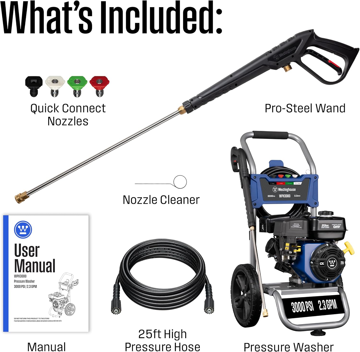 Westinghouse WPX3000 Gas Pressure Washer, 3000 PSI and 2.3 GPM, Spray Gun and Wand, 4 Nozzle Set, for Cars/Fences/Driveways/Homes/Patios/Furniture