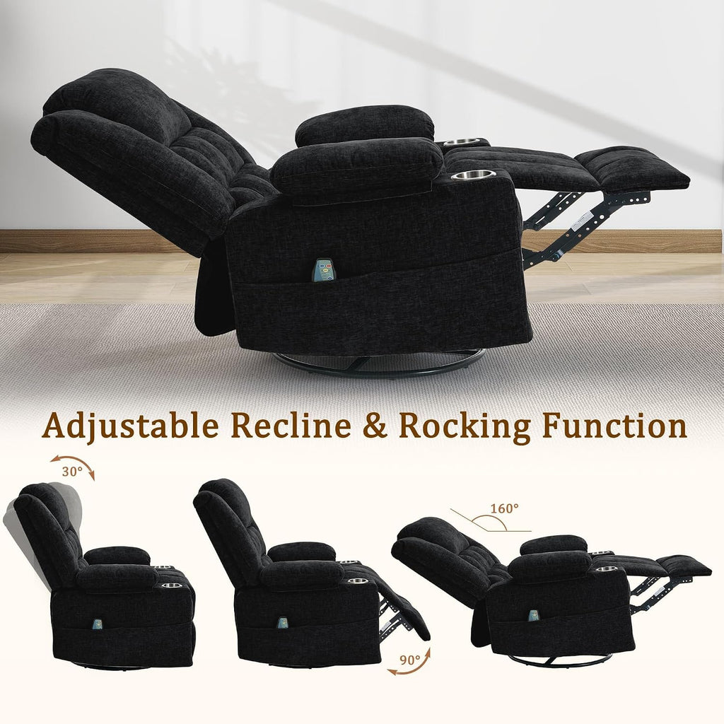 Korser Adult 360° Rotating Recliner with Massage and Heating Functions, Cup Holder and Manual Tilt Mechanism, Suitable for Living Room and Bedroom (Fabric, Black)