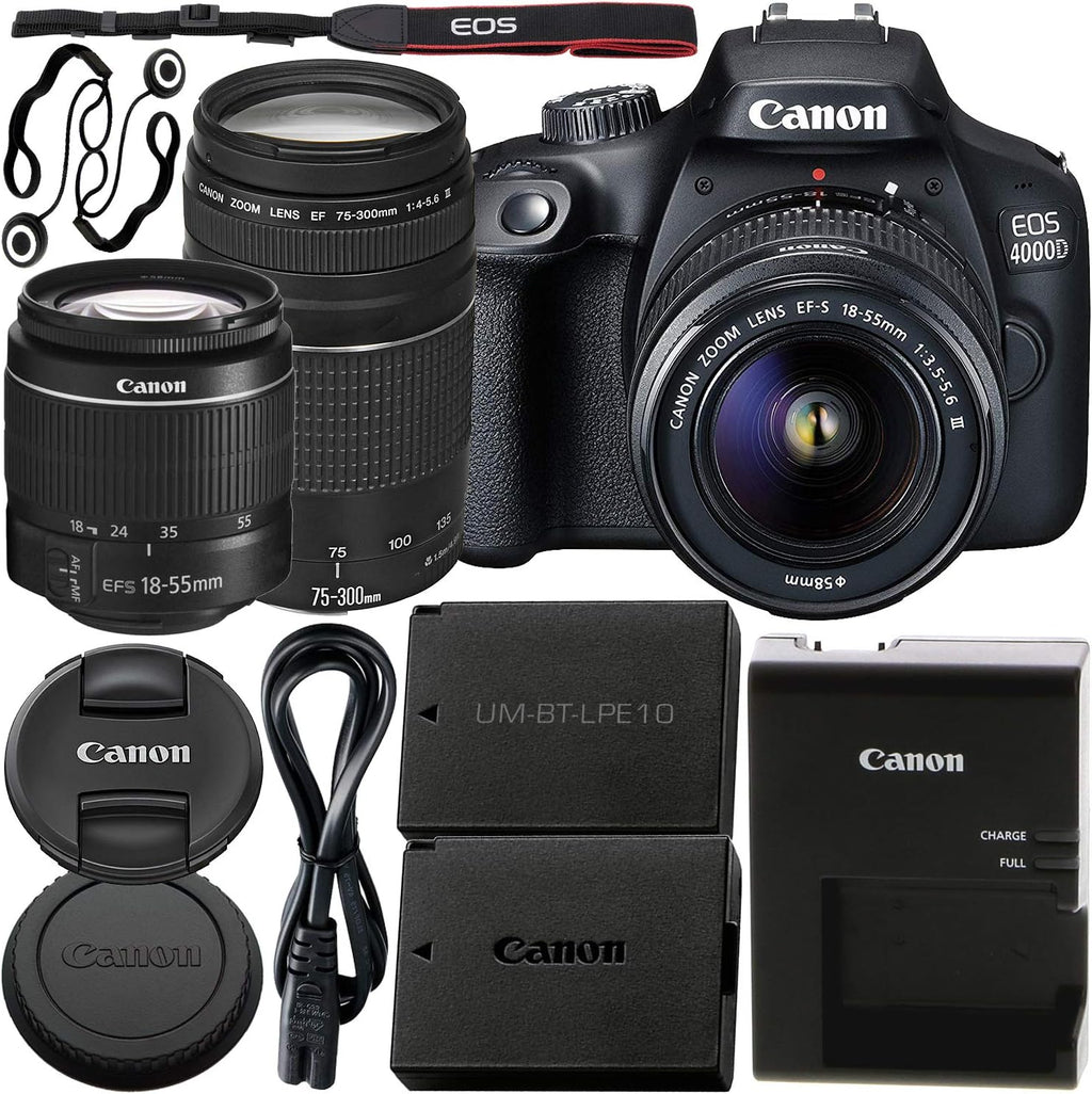 Canon EOS 4000D DSLR Camera with EF-S 18-55mm III Lens & EF 75-300mm III Lens Basic Bundle - Includes: Extended Life LPE10 Replacement Battery (1600mAh) & 2X Universal Lens Cap Keeper (Renewed)