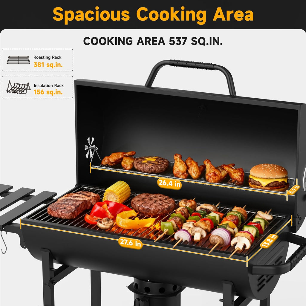 29' Barrel Charcoal Grill, Spacious Smoker Barrel Barbecue Grill with Side Front Table, Outdoor Barbecue Grills for Backyard, Camping, and Picnics, Black