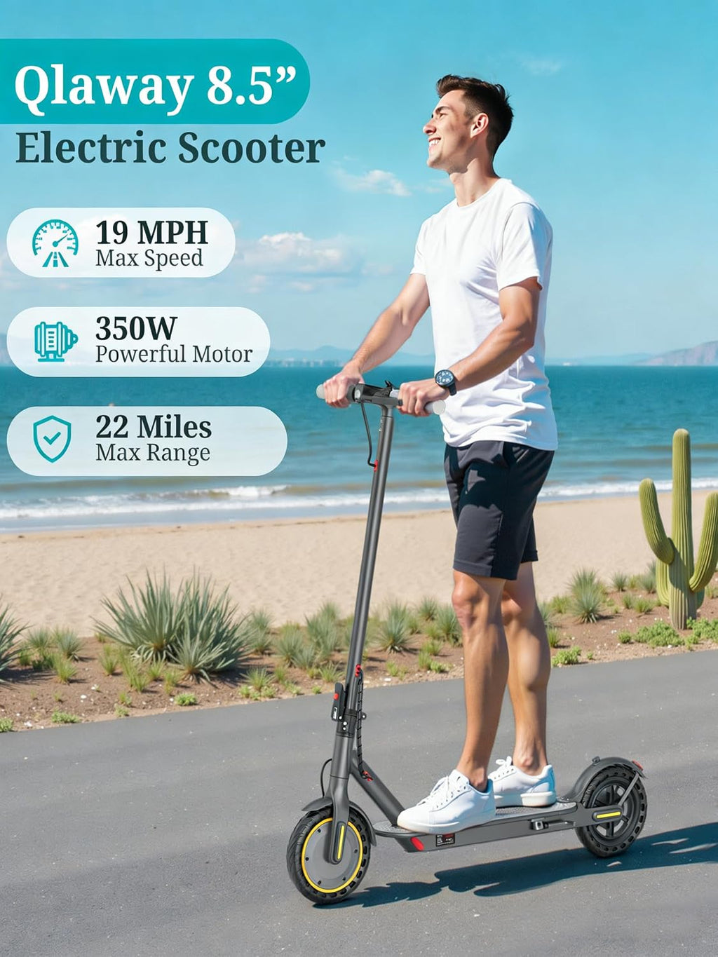 Qlaway Electric Scooter for Adults, 350W/500W Motor, 16-22 Miles Range, 8.5'/10' Solid Tires, Dual Braking & Suspension, Folding Portable Commuting E-Scooter with App