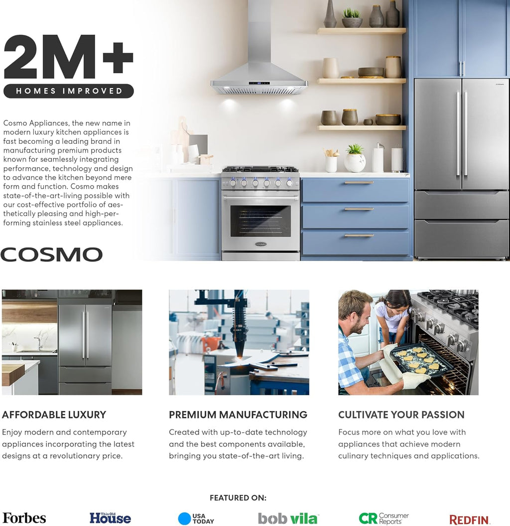 COSMO COS-RFFV183GHS 30 in. Vista Collection 17.5 cu. ft. Counter Depth 3-Door French Door Refrigerator, Freezer Drawer, Stainless Steel
