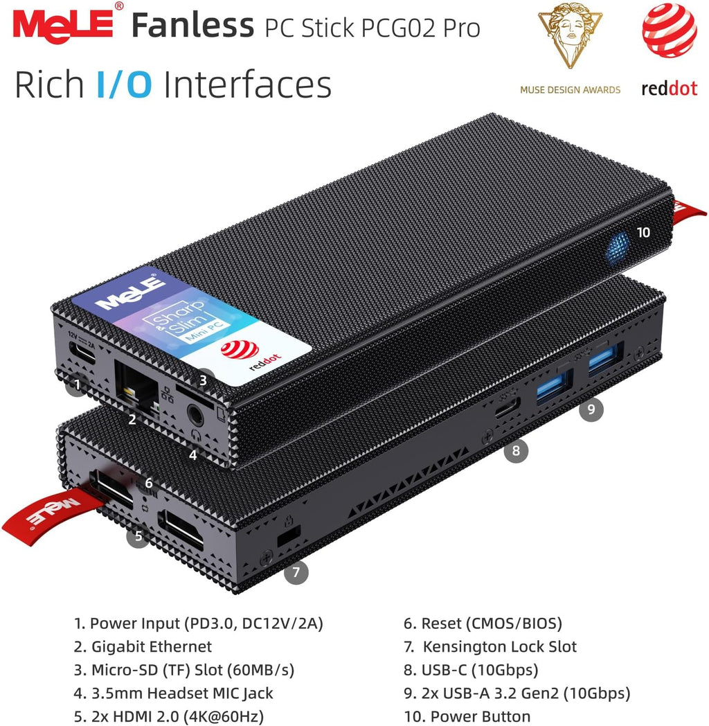 MeLE PCG02 Pro Fanless N100 Mini PC Stick 8GB LPDDR4x 256GB eMMC Win11pro Slim Micro Computer Stick Dual HDMI 4K Display WiFi 5 BT5.1 GbE, Support PD3.0 Protocol, on IoT, Digital Signage, MES, WMS