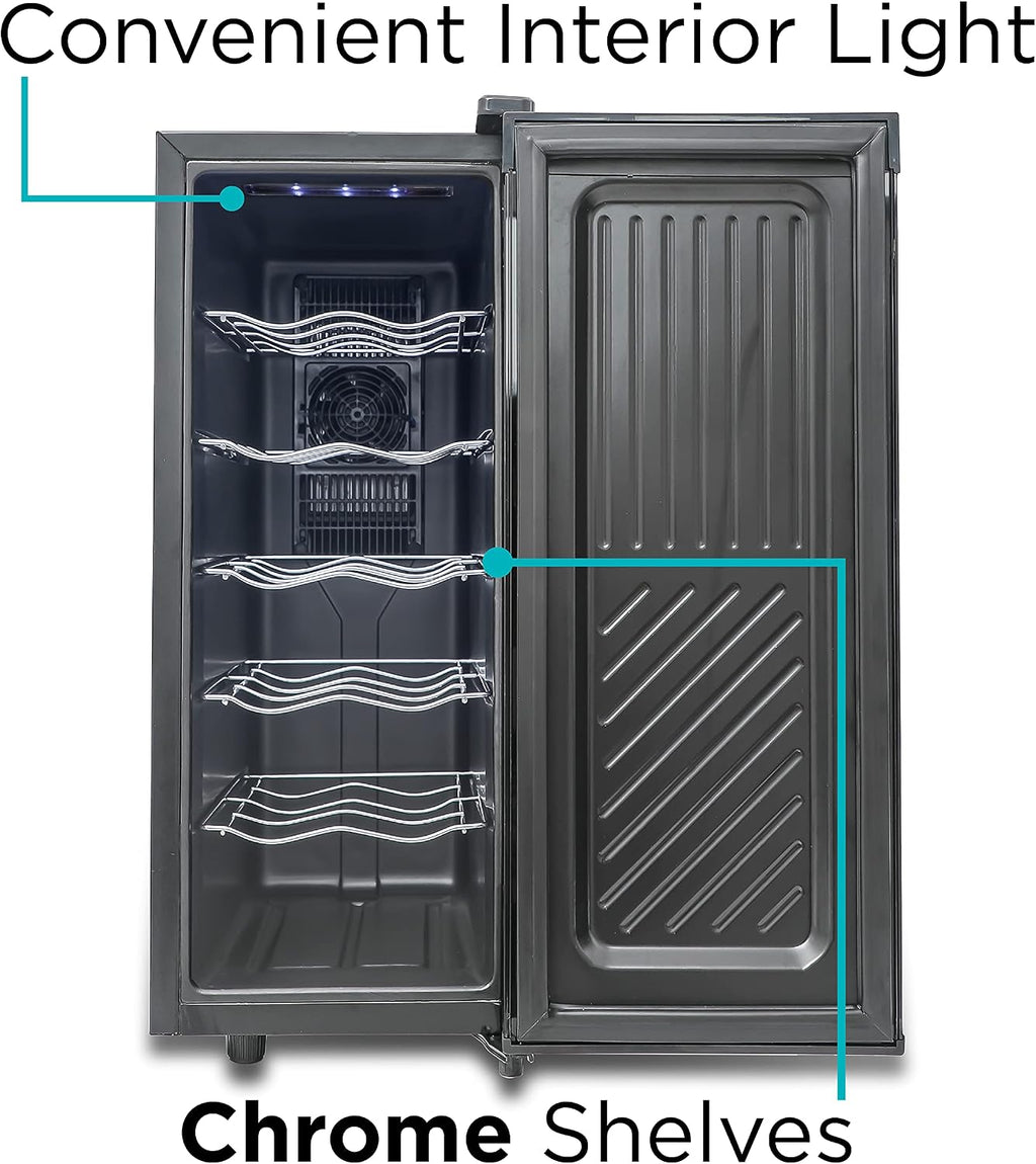 BLACK+DECKER Wine Fridge 12 Bottles, Thermoelectric Wine Cooler Refrigerator with Mirrored Front, Freestanding 12 Bottle Wine Fridge, BD60336