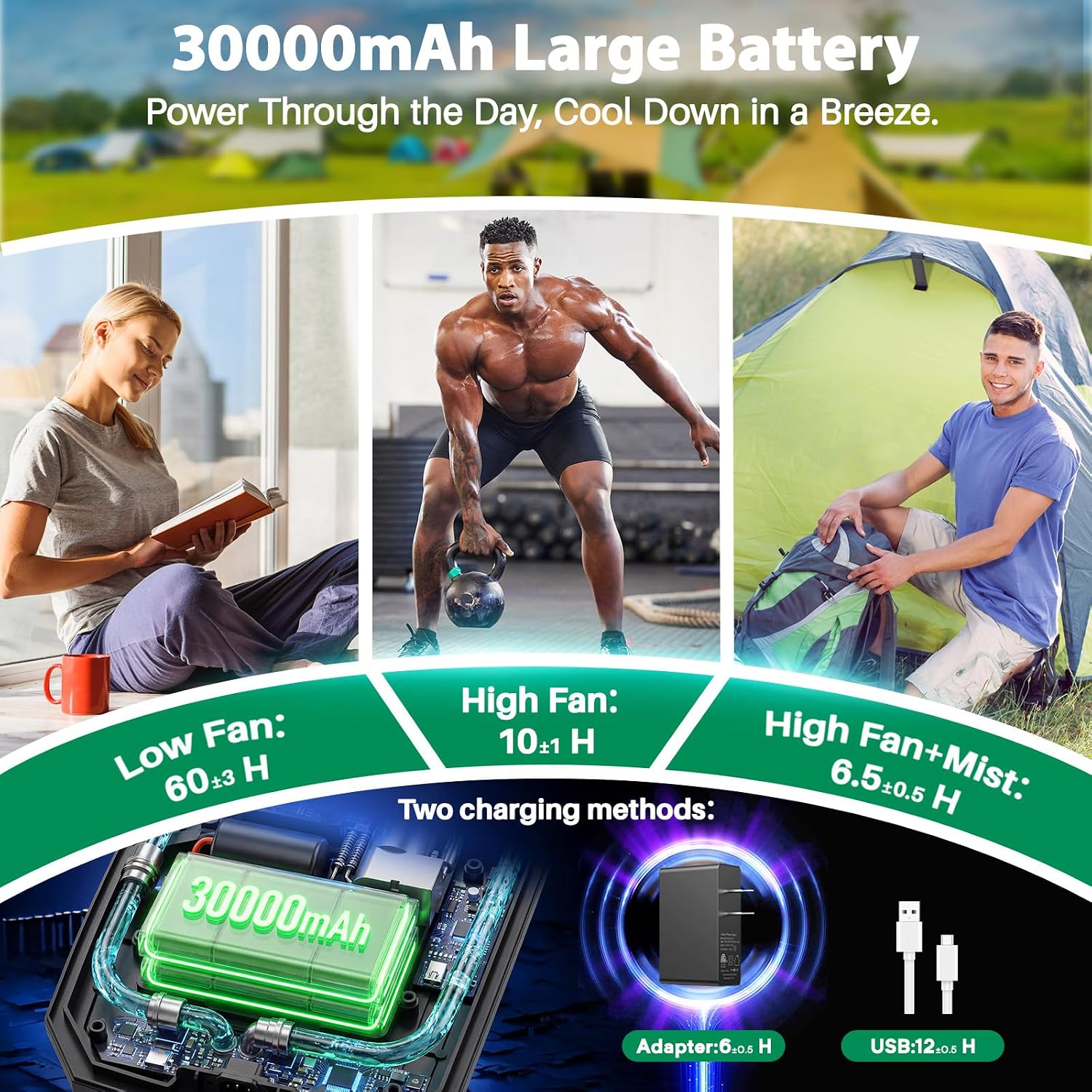 12' 20L Large Misting Fan Portable, 30000mAh Outdoor Oscillating Mist Fans for Outside Patios Cooling Fan, with Telescopic Handle & Rolling Wheel, LED Light, Timer, for Camping/Beach Summer Essentials