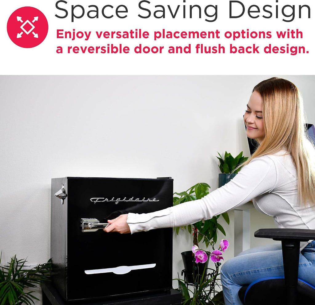 FRIGIDAIRE Black Retro Mini Refrigerator-Energy Saving-Adjustable Thermostat Control-Side Mounted Bottle Opener-Ideal for Dorm, Office, RV, Garage, Apartment 1.6 Cubic Feet
