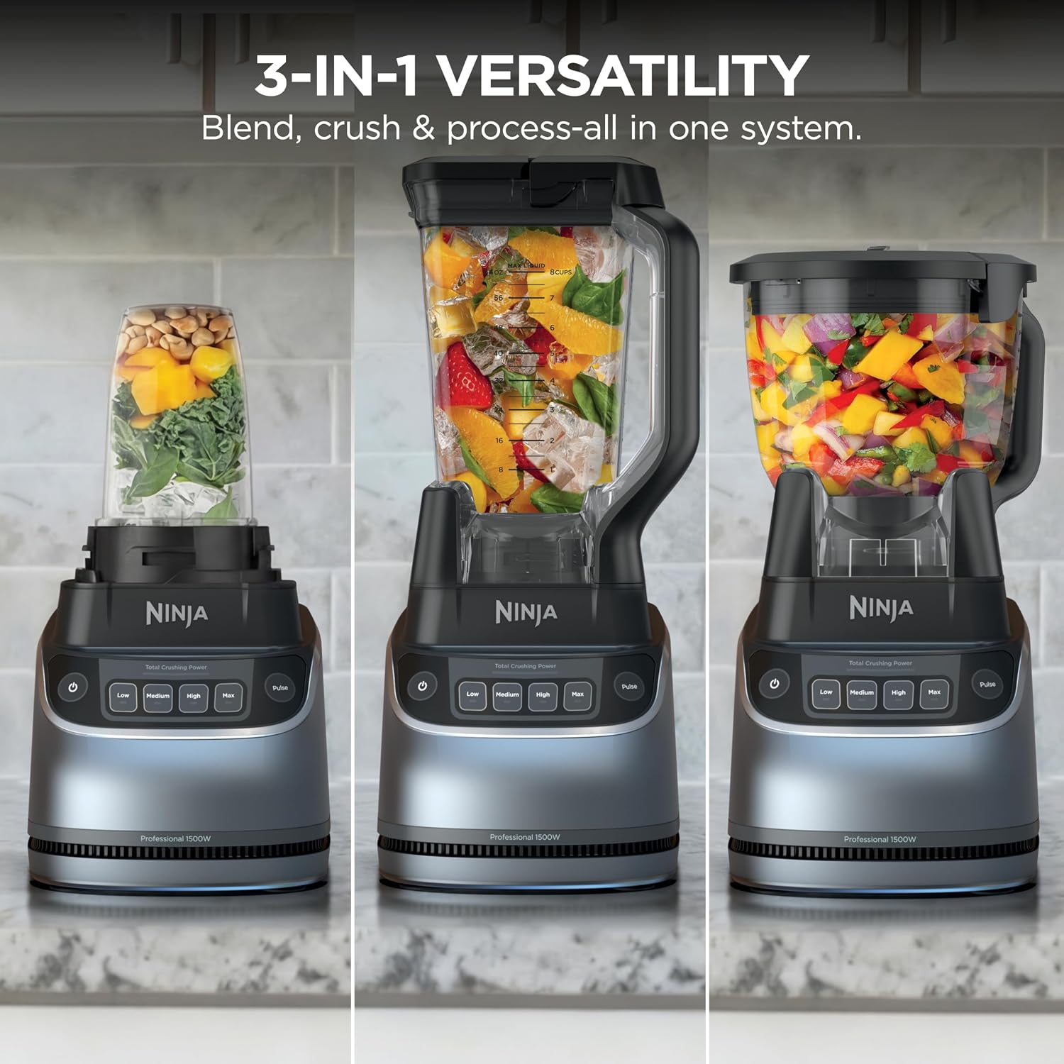 Ninja UltraCrush Professional Kitchen System | 1500W, 72oz Full-Size Blender, 8-Cup Food Processor & 18 oz To-Go Cup | Total Crushing Technology, Smoothies, Ice Crush, Chopping & More | Silver | BP401
