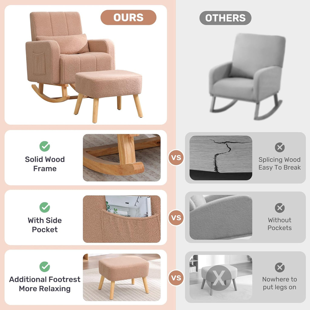 HCHAIRH Rocking Nursery Chair with Ottoman, Upholstered Glider Rocker with Side Pocket, Comfy Reading Chair with Solid Wood Legs for Nursery, Living Room,Bedroom, Coffee