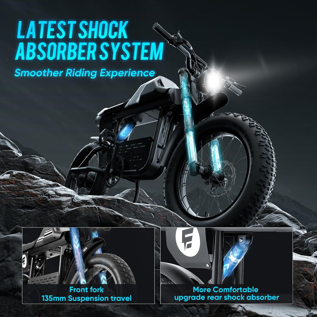 FT01 1700W Electric Dirt Bike 36MPH with 48V 30Ah, 135MM Front Fork & Dual Disc Hydraulic Brakes, 90Miles Long Range Electric Bike, 20' Fat Tire electric motorcycle for adults, electric scooter