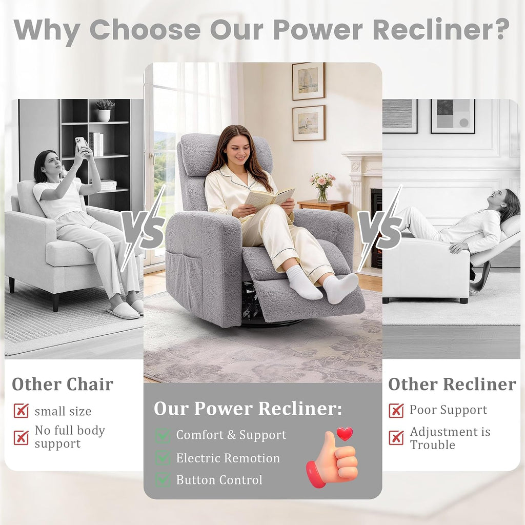 Korser Power Swivel Recliner Chairs for Adults, Electric Glider Rocking Chair Nursery, Glider Recliner Nursery Chair with Classified Side Pocket, Nursery Rocking Chairs with USB and Type-C Ports