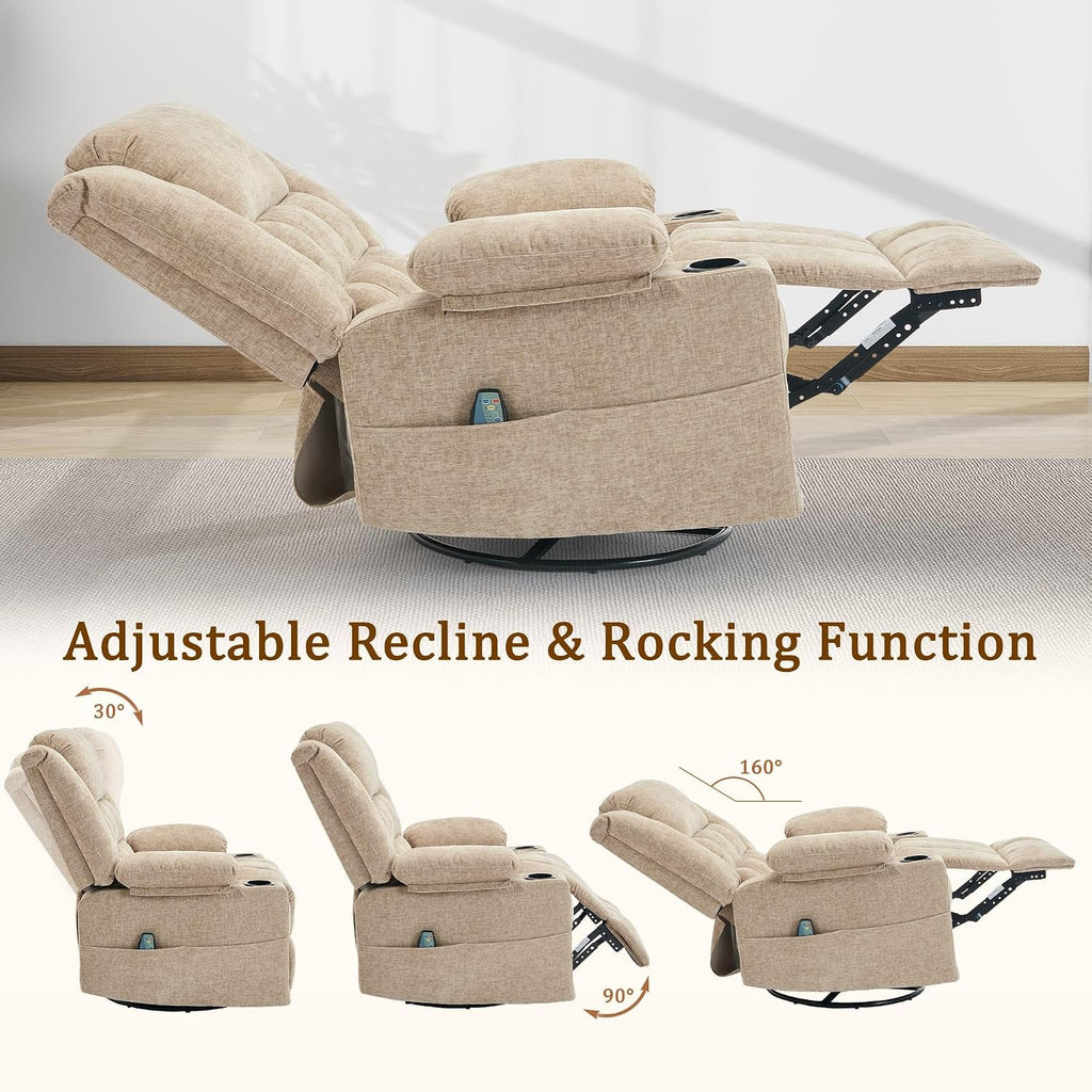 Korser 360° Swivel Rocker Recliner for Adults, Nursery Glider Recliner with Massage and Heating, Rocking Chair with Cup Holder, Manual Recliner Chair for Living Room, Bedroom (Fabric, Khaki)
