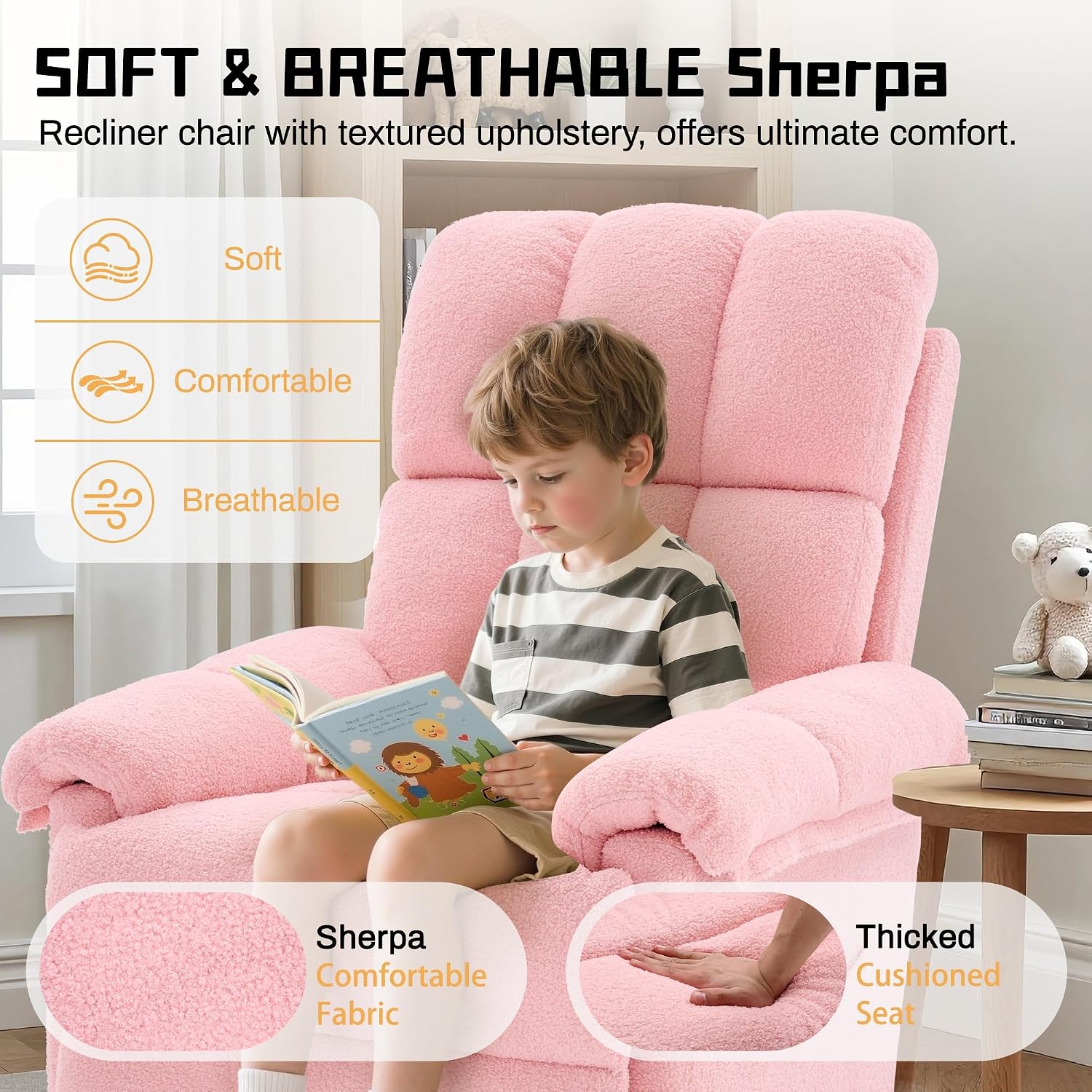 Korser Recliner Chair, Swivel Rocker Recliner Chair for Adults, Small Recliners for Small Spaces, Manual Recliner with Side Pockets, Upholstered Nursery Rocking Chair for Living Room, Sherpa, Pink