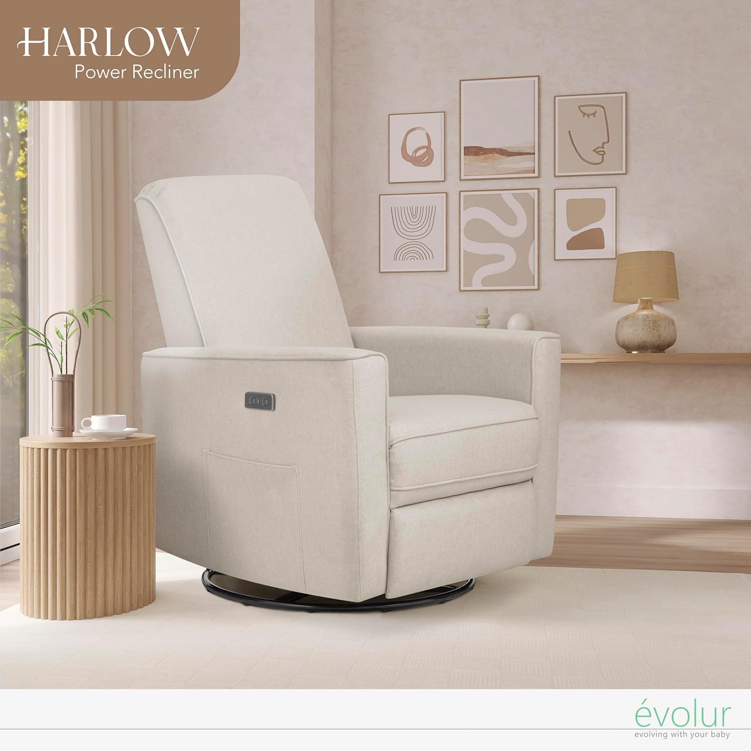 Evolur Harlow Upholstered Power Glider Recliner with USB Charging – Rocking & 275° Swivel with Smooth Glide – Greenguard Gold & FSC Certified – Modern Nursery and Living Room Chair in Light Sand