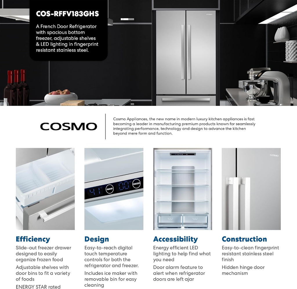 COSMO COS-RFFV183GHS 30 in. Vista Collection 17.5 cu. ft. Counter Depth 3-Door French Door Refrigerator, Freezer Drawer, Stainless Steel