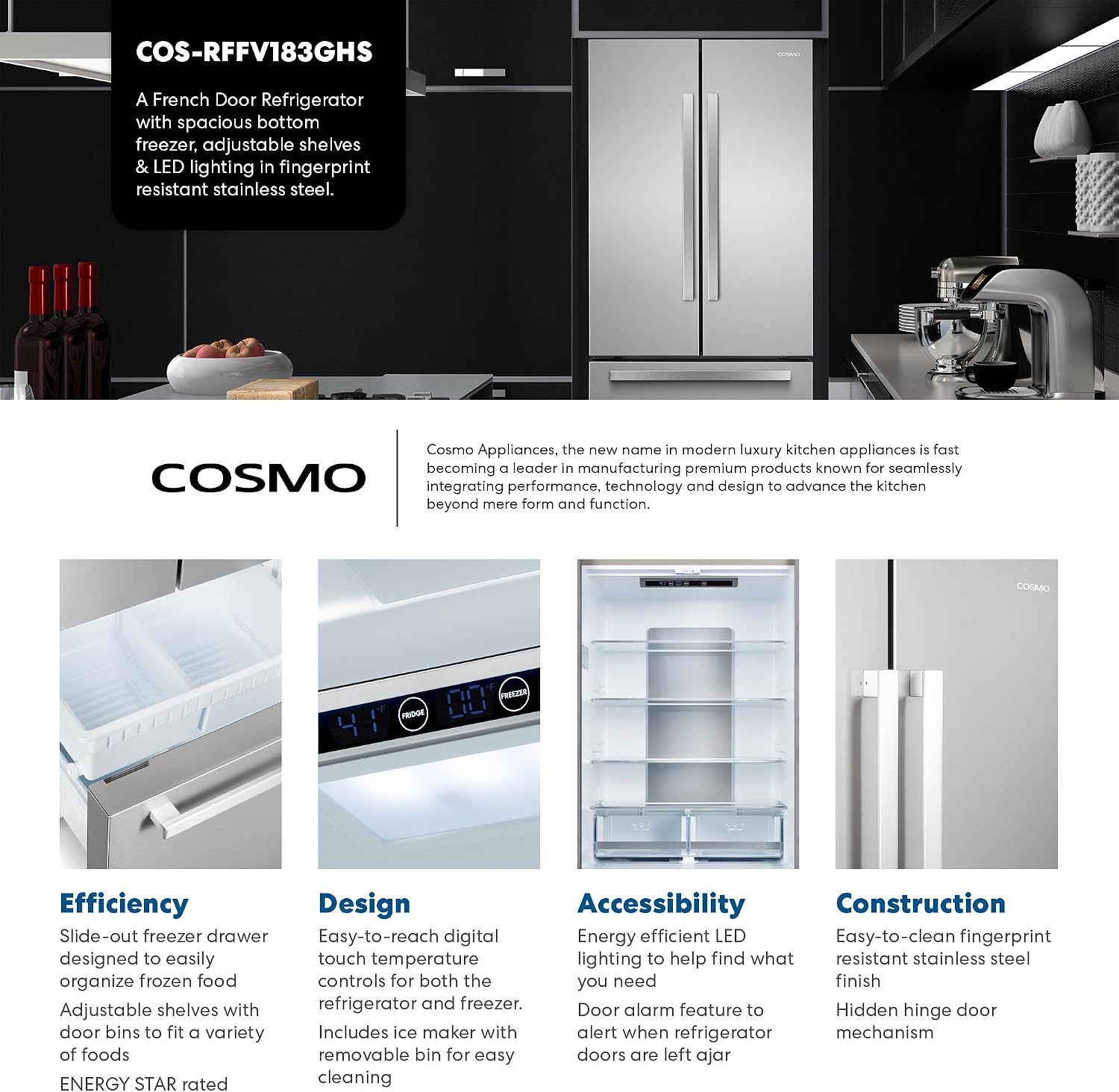 COSMO COS-RFFV183GHS 30 in. Vista Collection 17.5 cu. ft. Counter Depth 3-Door French Door Refrigerator, Freezer Drawer, Stainless Steel