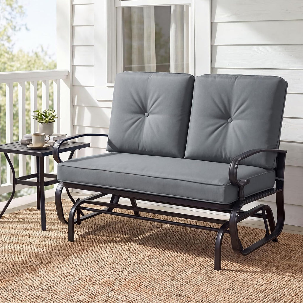 Giantex Outdoor Glider Bench, Patio 2 Person Loveseat with Removable Cushion, Thick Padded Seat, Stable Steel Frame, 400Lbs Capacity, Outside Glider Swing Chair for Deck, Poolside, Yard, Porch (Grey)