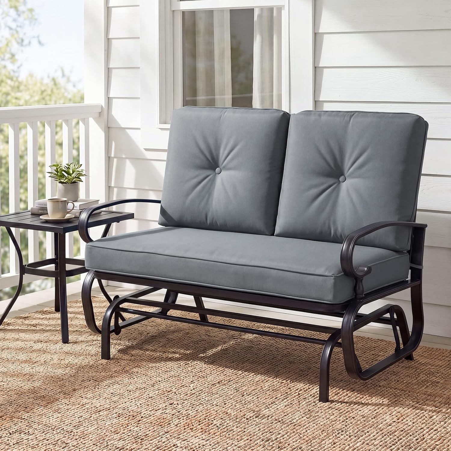 Giantex Outdoor Glider Bench, Patio 2 Person Loveseat with Removable Cushion, Thick Padded Seat, Stable Steel Frame, 400Lbs Capacity, Outside Glider Swing Chair for Deck, Poolside, Yard, Porch (Grey)