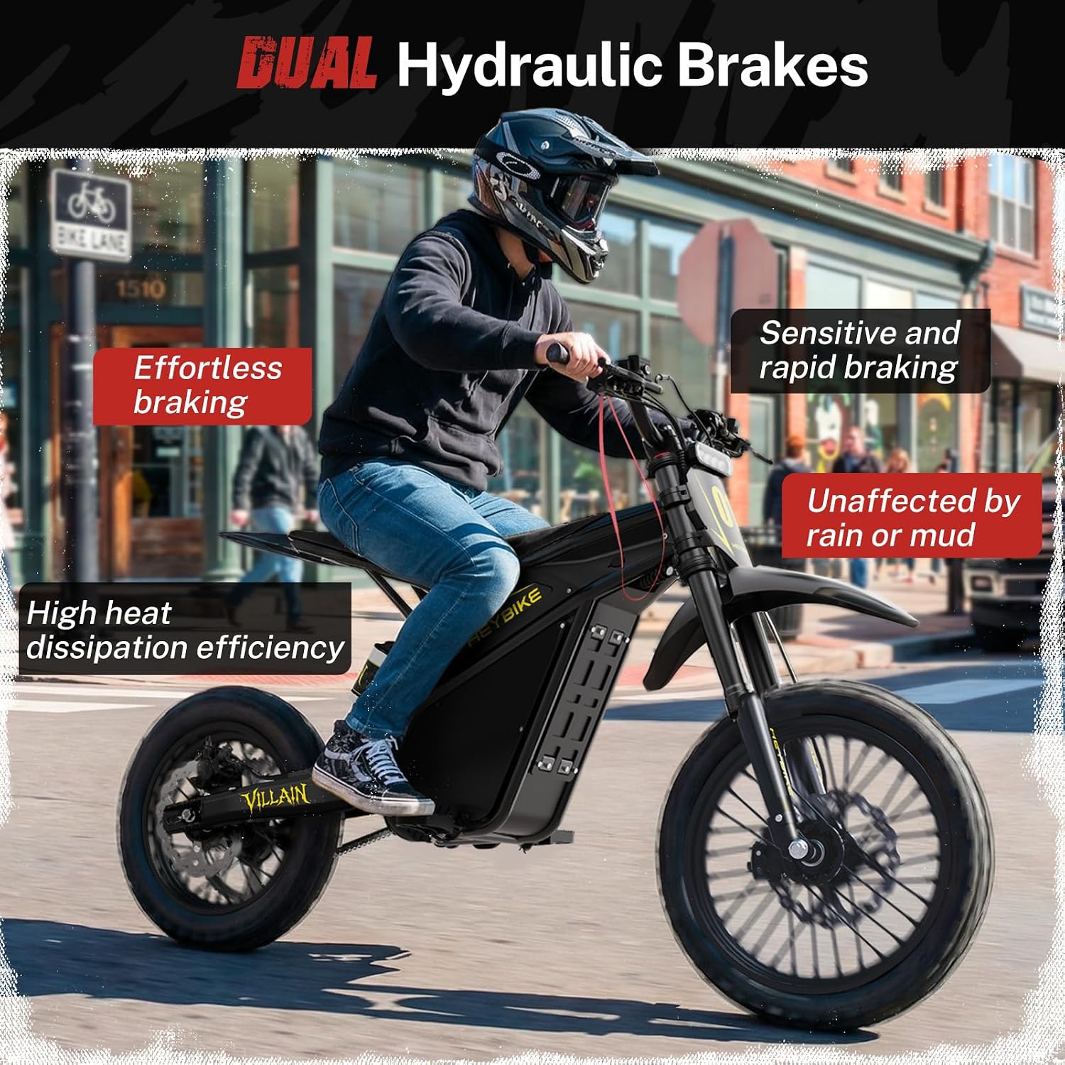 Heybike Villain Electric Dirt Bike with 4160W Motor 1352WH Battery, Up to 45 MPH, 50 Miles Range, 14'/12' Fat Tire Electric Bike with Hydraulic Brakes&Dual Suspension, Off-Road E-Bike