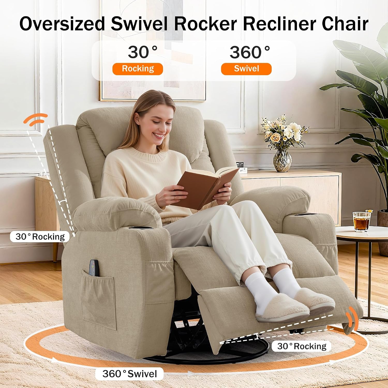 Korser Oversized Recliner Chair, 360° Swivel Recliner for Adults, Swivel Rocker Recliner Chair with Heat and Massage, Manual Recliner with Remote Control and Cup Holders for Living Room, Chenille