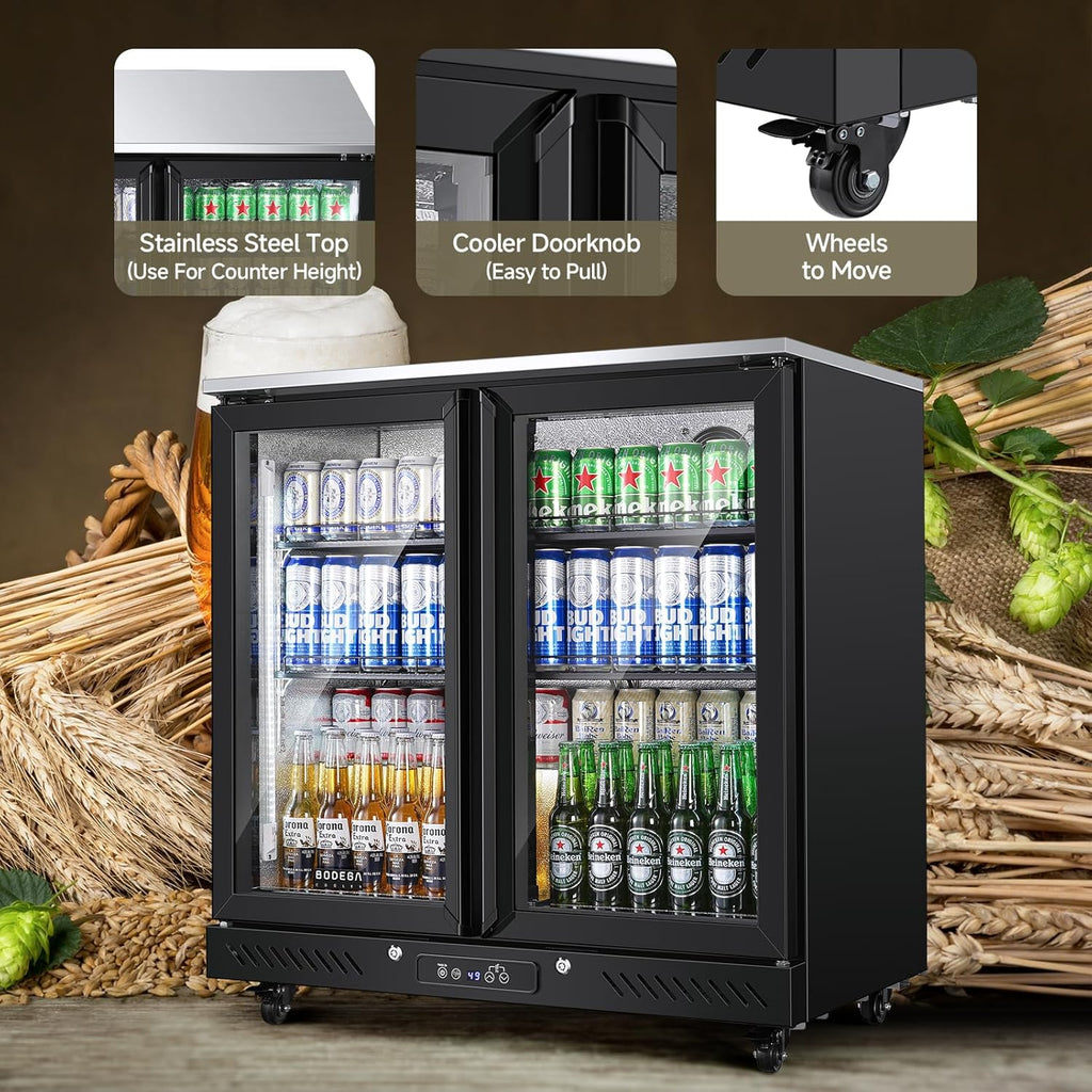BODEGACOOLER Back Bar Cooler with 2 Glass Doors,7.7 Cu.ft Commercial Bar Beverage Refrigerator Under Counter LED Lighting for Soda Drinks,Beer,Wine with Stainless Steel Top,DOE Approved,4 Casters
