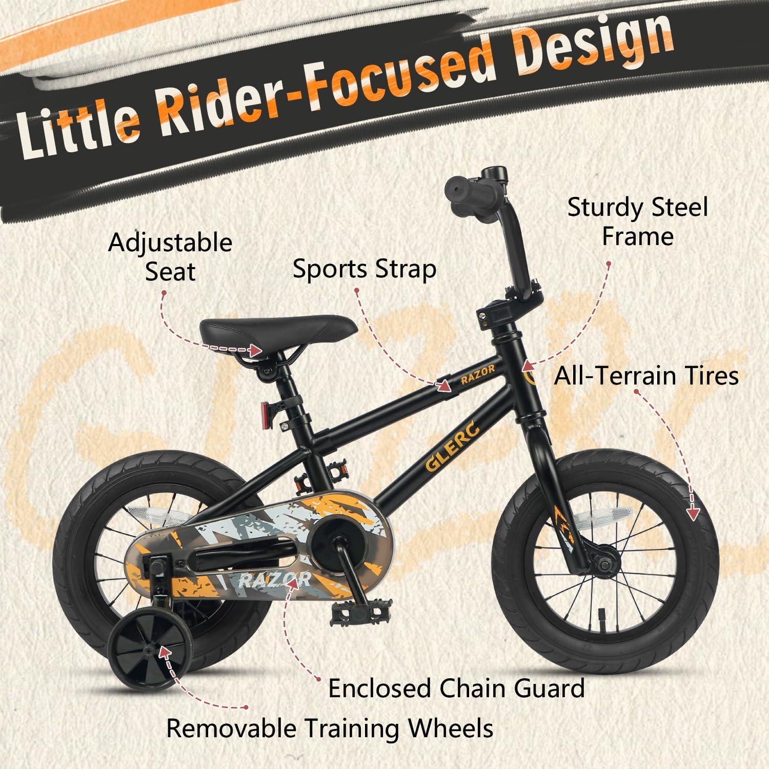 Glerc Kids Bike for Ages 1-4 Years Old, 12 Inch BMX Style Kids Bicycle with Training Wheels, Boys Bike for Children and Toddler, Black
