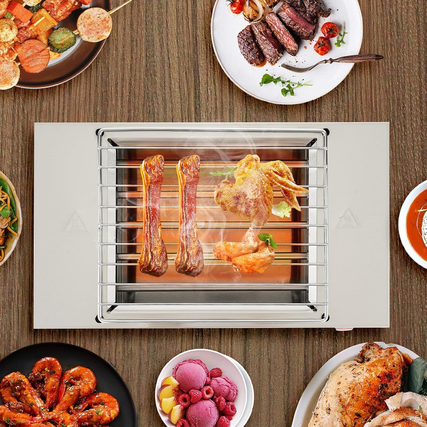 Electric Indoor Outdoor Grill 1500W Countertop BBQ Grill Removable Smokeless Grill Barbecue Oven Grill, Stainless Steel Drip Tray, Temperature Adjustment for Party Cooking Home Commercial