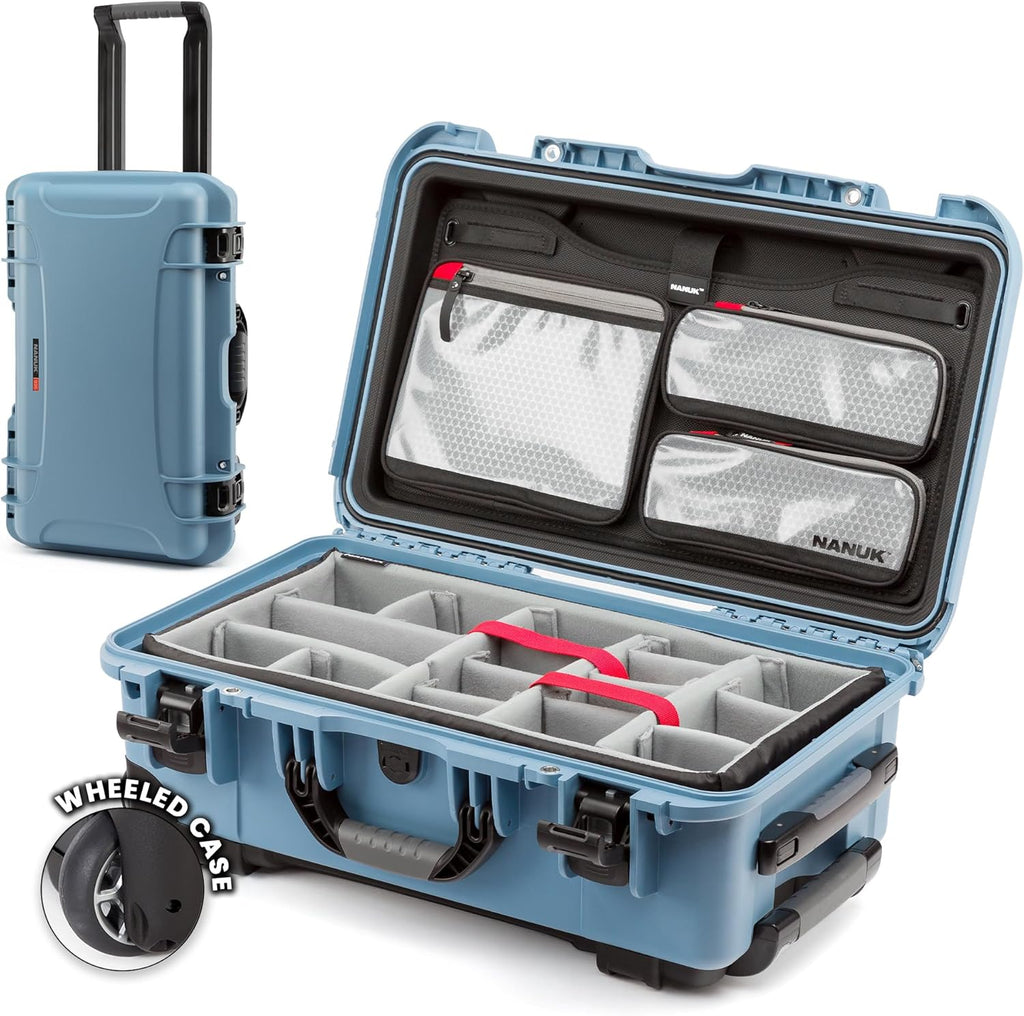 NANUK 935 Hard Case with Padded Divider – Waterproof Equipment Case with Wheels, 22' x 14' x 9' – Dustproof and Impact Resistant, Airline Carry-On Approved – Cyan