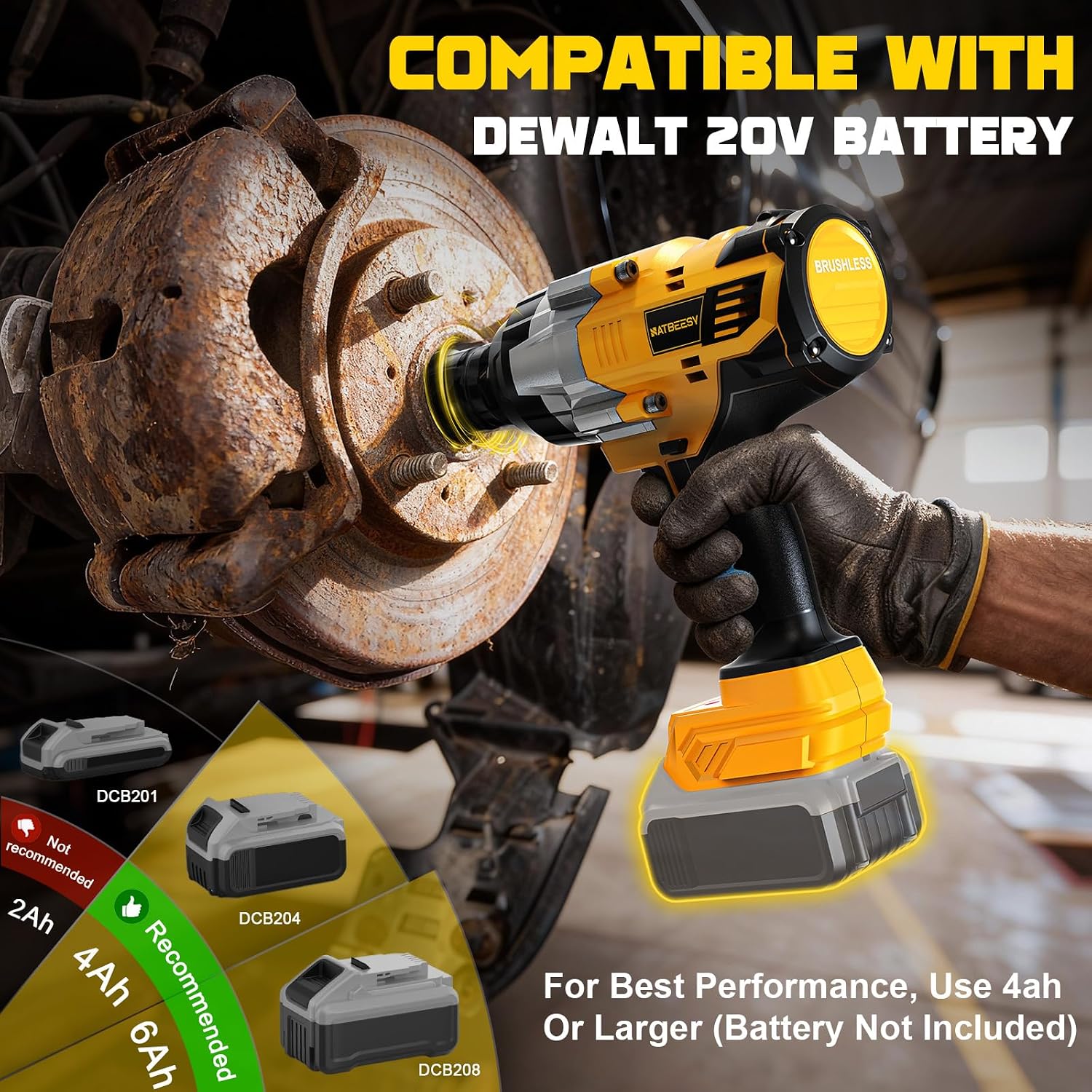 NATBEESY Cordless Impact Wrench Compatible with DeWalt 20V Battery: 1/2 Inch Hog Ring Impact Driver - High Torque - 2300N.m/1700Ft-lbs Cordless Impact Gun - Brushless Motor with LED Light - Tool Only