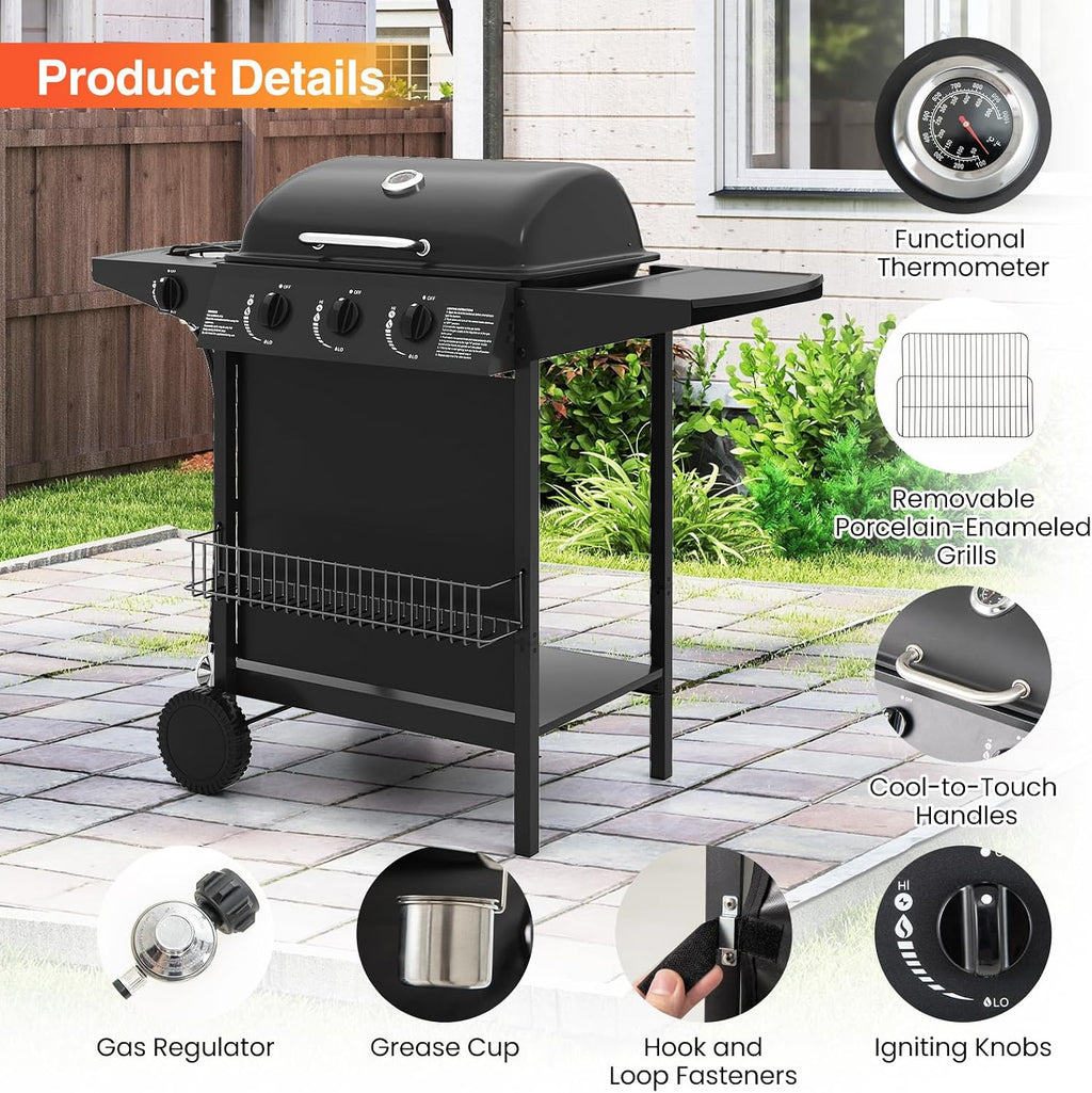 Happygrill 3 + 1 Burner Propane Gas Grill, 39,000 BTU Outdoor Cooking Grill w/Storage Shelves & Porcelain-Enameled Grates, Portable BBQ Grills on Wheels w/Thermometer for Backyard, Camping & Picnic