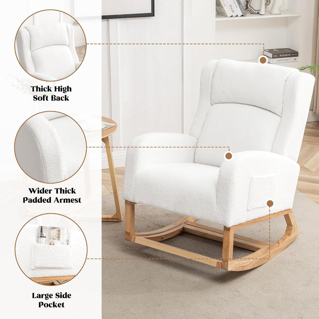 HCHAIRH Rocking Chair Nursery, Nursing Rocking Chairs for Mom Nursery, Comfy Wingback Glider Rocking Armchair with Foot Rest and Side Pocket for Nursery Living Room Bedroom, Teddy White
