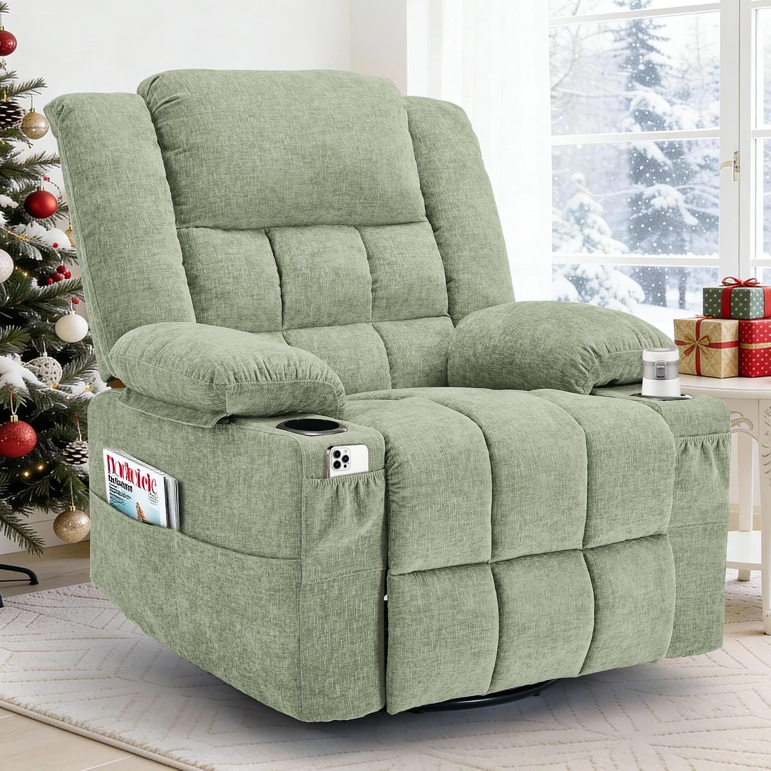 Korser Adult 360° Rotating Recliner with Massage and Heating Functions, Cup Holder and Manual Tilt Mechanism, Suitable for Living Room and Bedroom (Fabric, Turquoise)