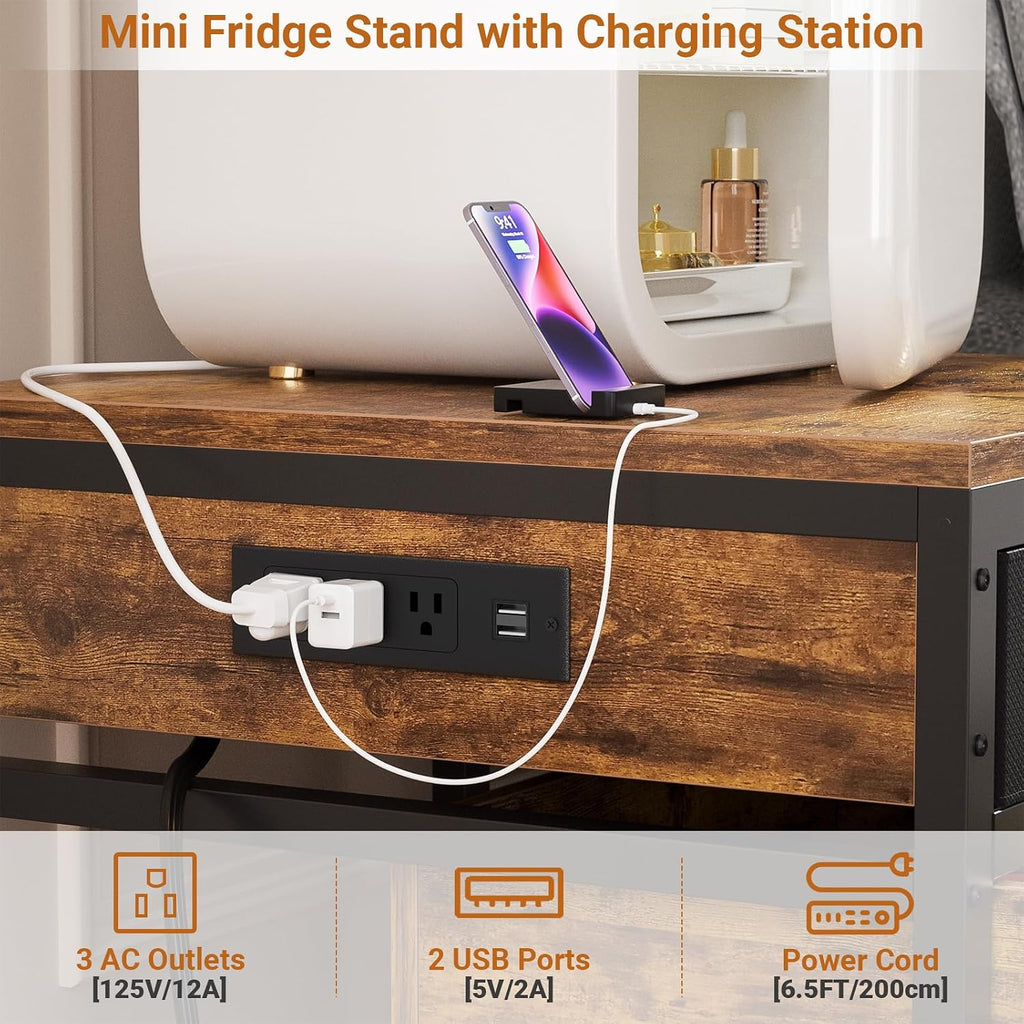 Unikito Mini Fridge Stand with Drawer Storage and Sockets, Heavy Duty Small Refrigerator Stand Cart for Dorm, Apartment, Office, Bedroom, Mini Fridge and Microwave Stand, Hold 300LBS, Rustic Brown