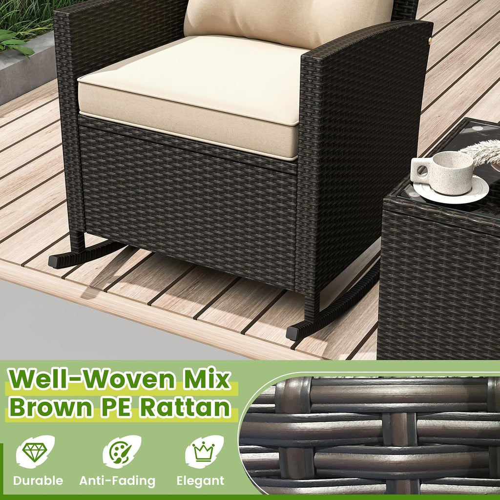 Tangkula 3 Piece Wicker Rocking Set, Patio Rattan Roker Chairs with Tempered Glass Table & Soft Cushions, Outdoor Furniture Set for Backyard, Poolside Porch (Beige)