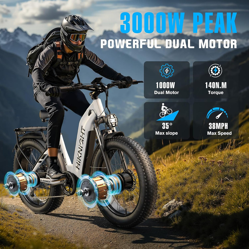 Dual Motor Electric Bike for Adults, 3000W Peak 52V 20AH Battery E Bike 26' x 4.0' Fat Tire Electric Mountain Bike Step-Thru Electric Bicycle for Women/Men, Up to 38MPH, Dual Hydraulic Brake