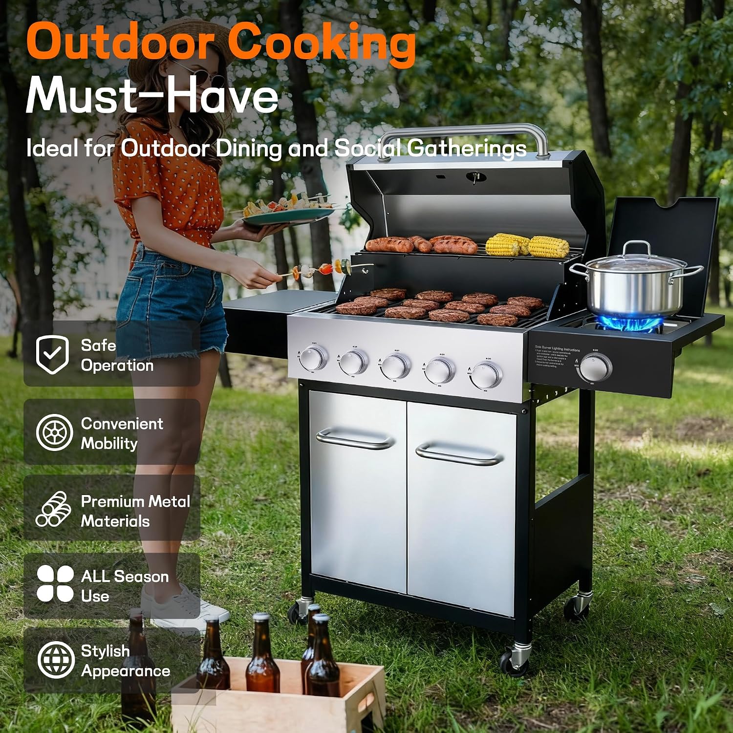 Veralune 5 Burner Gas Grill with Side Burner, Stainless Steel Propane Grill with Porcelain-Enameled Grills, Built-In Thermometer, 68000BTU BBQ Grill for Patio, Backyard, Garden Cooking